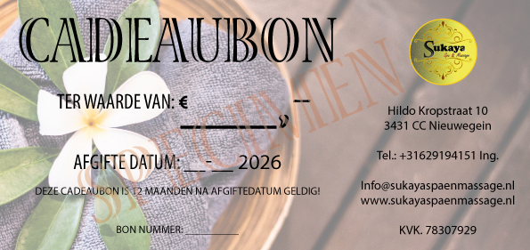 Deze afbeelding is eigendom van Sukaya Spa & Massage en dient als illustratie, dit is geen cadeaubon, zonder bedrijfsstempel!